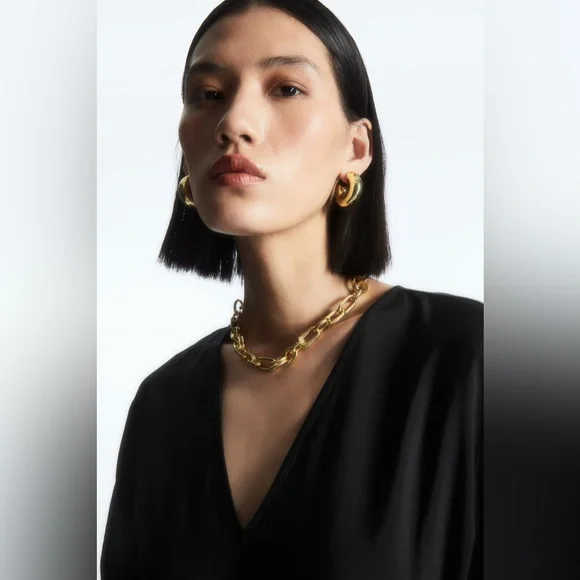 COS Black Midi V-Neck A-Line Dress Black Size 4 Modest Minimalist Elastic Waist - Picture 5 of 16